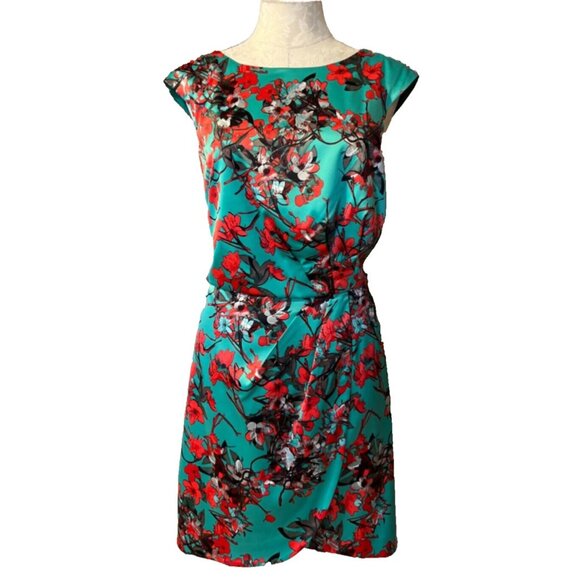 Jessica Simpson Dress 14 Green Red Cherry Blossom Silky Stretch Career Church - Picture 1 of 9